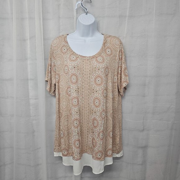 Rose & Olive Pink Cream Mandala Tee Shirt Peplum Boho Festival 1X - Picture 1 of 12